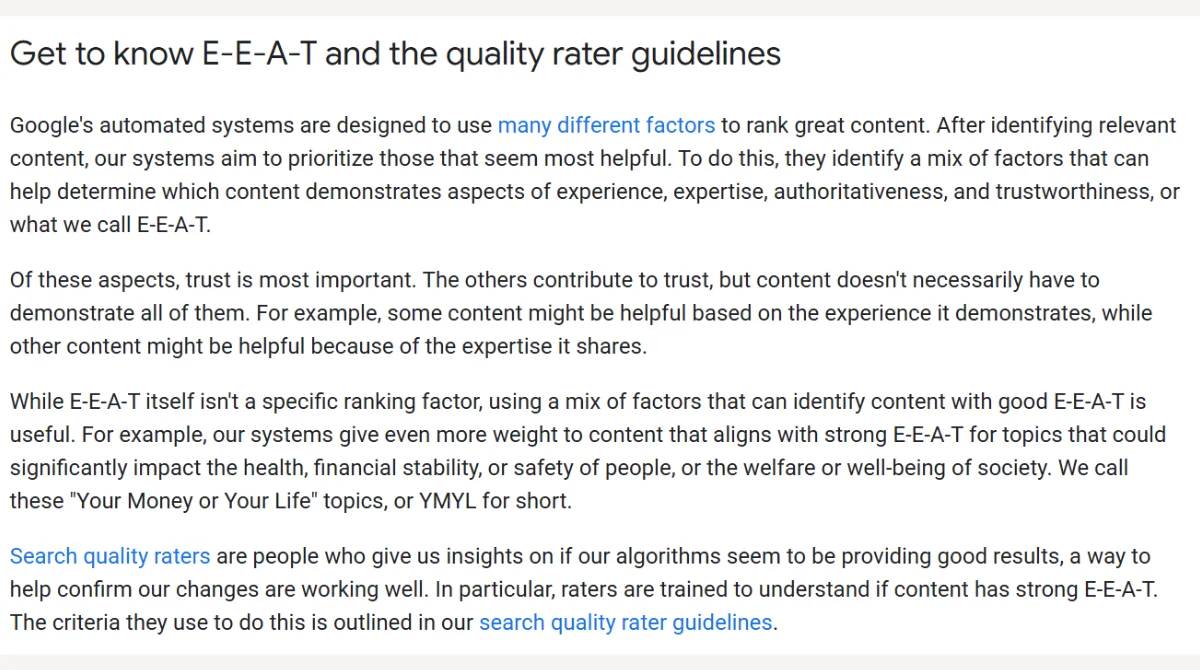 Google's E-E-A-T guidelines explanation