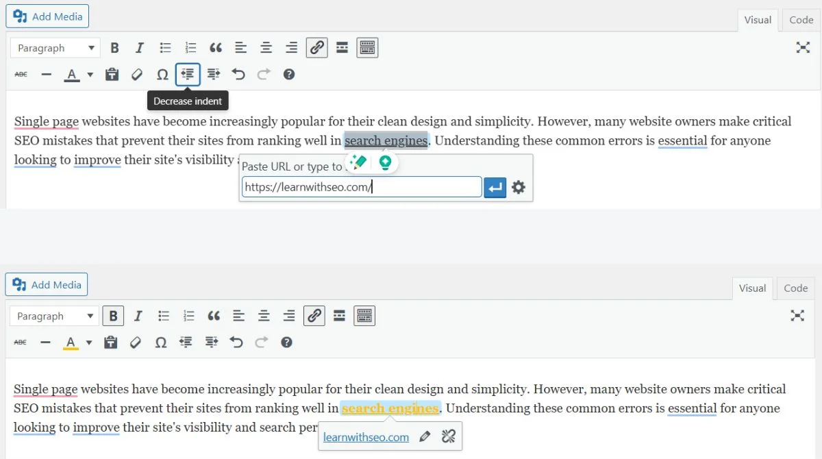 WordPress link insertion dialog