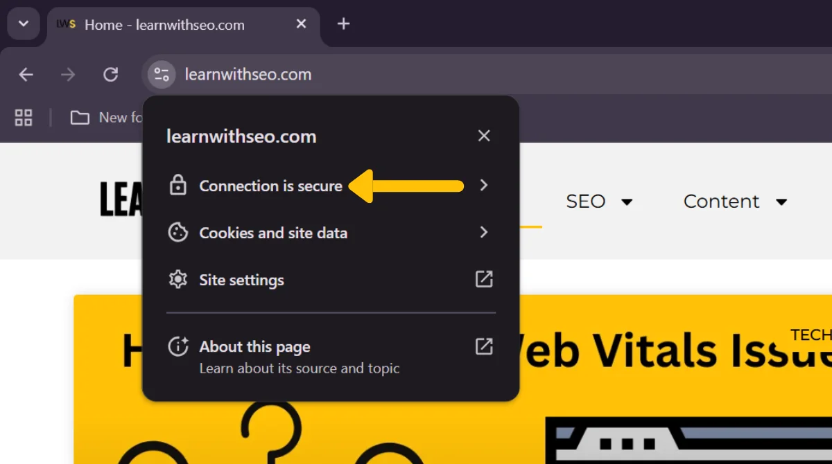 Browser showing secure site details