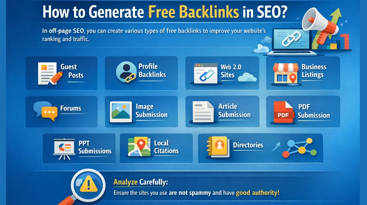 Infographic on generating free SEO backlinks: Guest Posts, Profile Backlinks, Web 2.0, Business Listings, Forums, Image, Article, PDF, PPT, Local Citations, Directories.