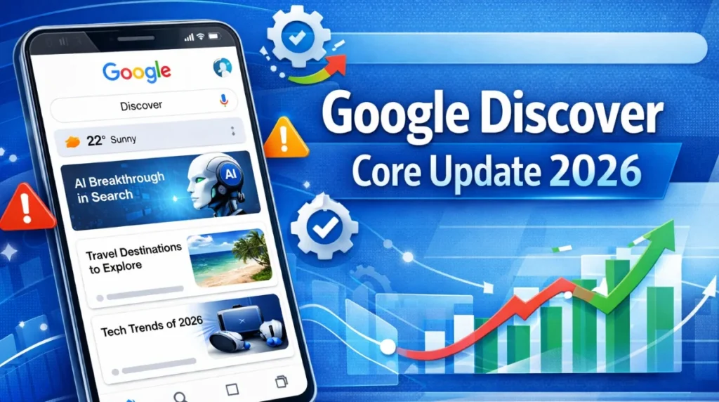Google Discover Core Update 2026 thumbnail with smartphone Discover feed and SEO traffic charts.
