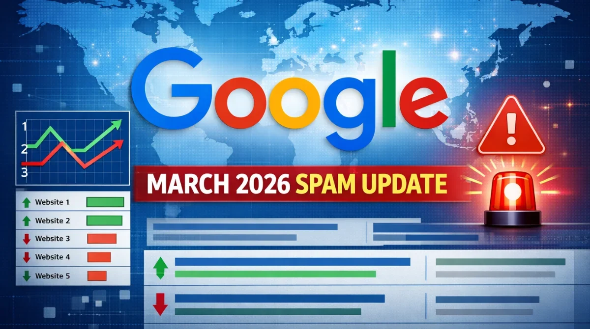 Google logo with 'March 2026 Spam Update' headline, ranking chart showing rising and falling trends, alert icons, red siren, and global digital map.